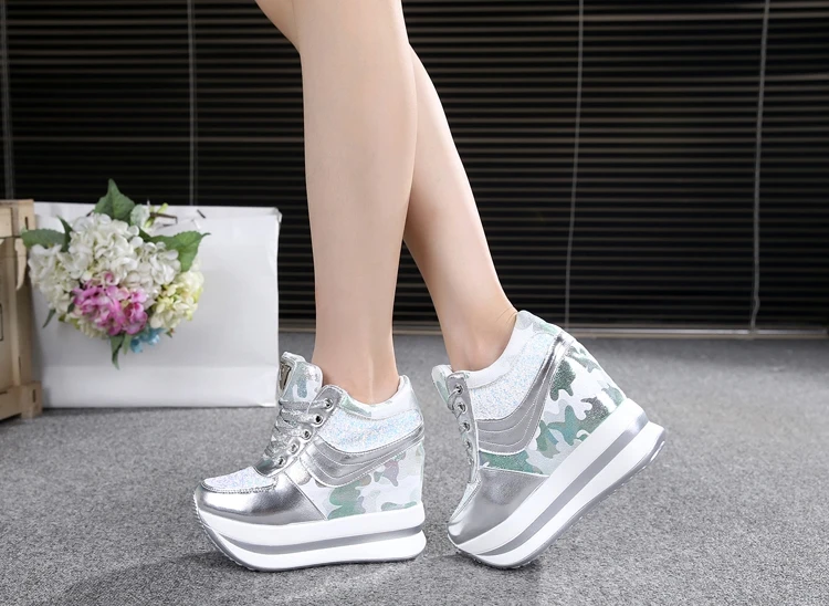 BANGJIAO New Fashion Bling High Heels Lady Casual Shoes Ladies Wedge Platform Sneakers Women 11CM Dwing Dlimming Shoes