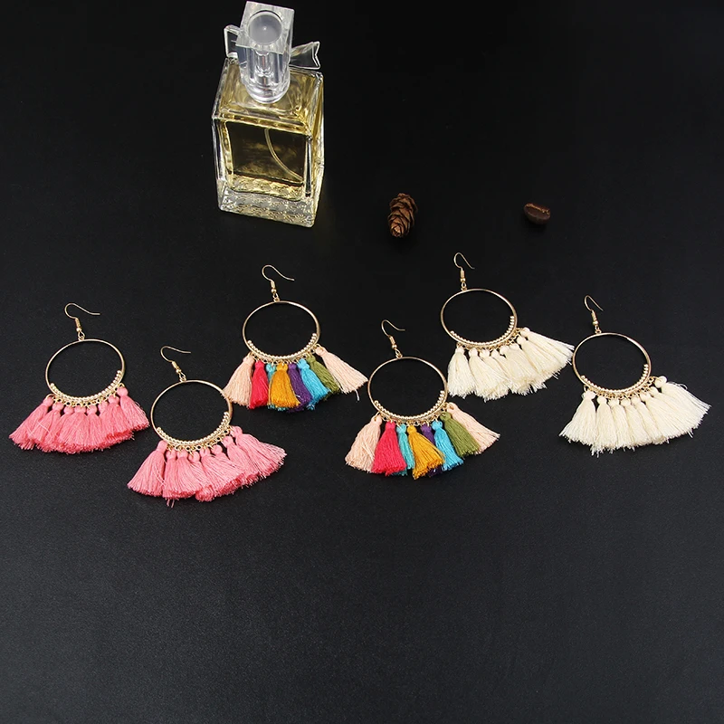 Женские Разноцветные серьги с кисточками большие круглые металлические висячие