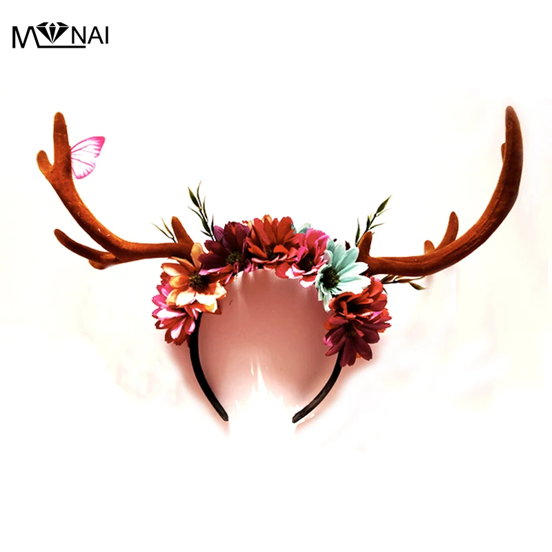 

Handmade Gothic Floral Horn Headband Party Festival Christmas Reindeer Antler Headpiece Flowers Headdress Vintage