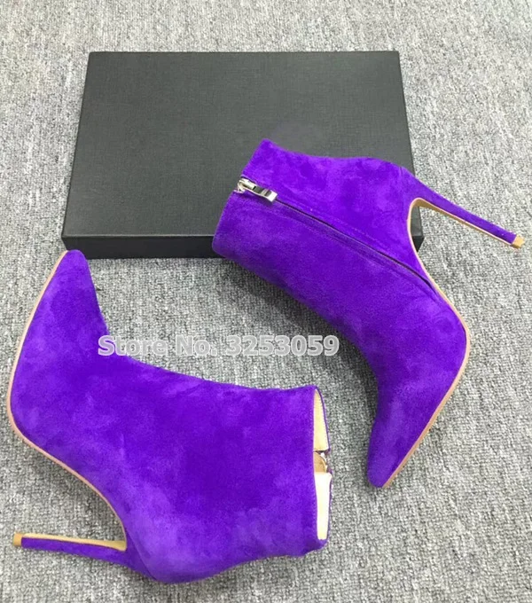 purple as picture ALMUDENA/женские лаконичные фиолетовые замшевые ботильоны с острым носком осенние модельные ботинки на молнии на тонком высоком каблуке Модные Туфли-лодочки в уличном стиле размер 43 - Цвет: purple as picture