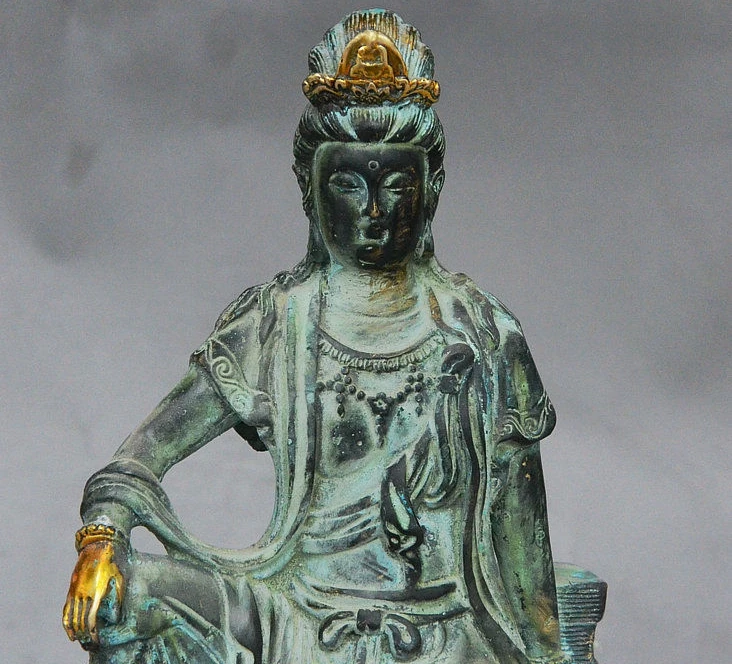 10 &quotСтарый китайский буддистский бронзовый позолоченный NanHai Free GuanYin Kwan-Yin статуя