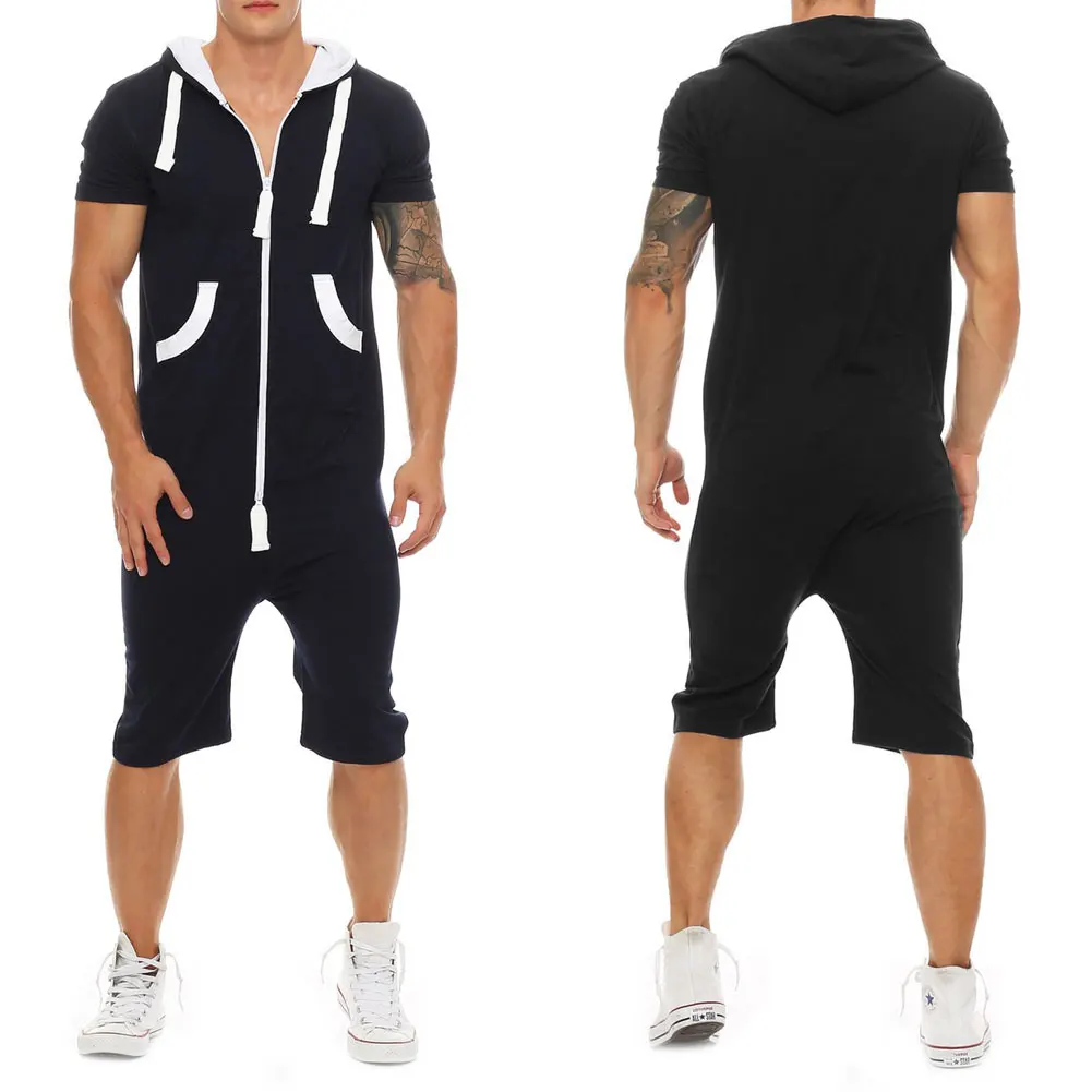 HIRIGIN Stylish Men Short Sleeve Romper Casual Jumpsuit Hooded One Piece Playsuits Wear Sets