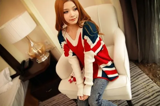 Free shipping 2013 New Autumn winter Christmas women the Union Flag pattern fashion lady loose pullover sweater maternity dress | Женская
