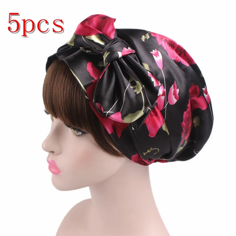 5pcs black flower 1/2/5/10 шт Мягкий шелк душ Кепки Для женщин ночного сна душ Кепки Регулируемый ухода за длинными волосами капота тюрбан шапка аксессуары - Цвет: 5pcs black flower