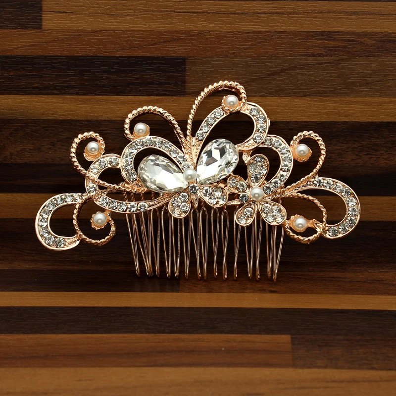 Большая мода, розовое золото, Бабочка, цветок, жемчуг, свадебные гребни, кристалл, гребень для волос для женщин, Свадебная вечеринка, выпускной, аксессуары, ювелирные изделия