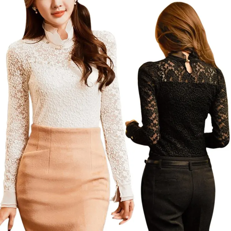 Женская шифоновая блузка с длинным рукавом и кружевом|blusa top|blouse officechiffon shirt |