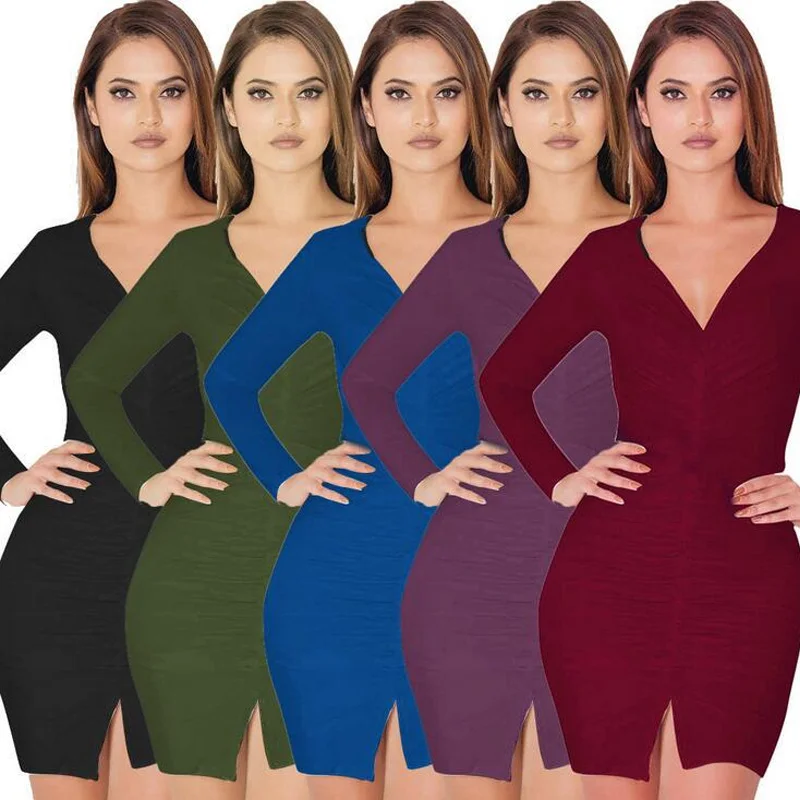 Горячая Распродажа сексуальное Клубное платье с длинным рукавом и v образным