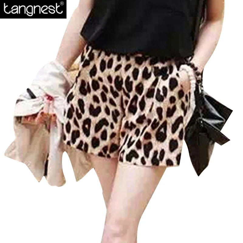 TANGNEST Мода Лето Leopard Эластичный Шорты 2016 Новый Средний Талия Карманный