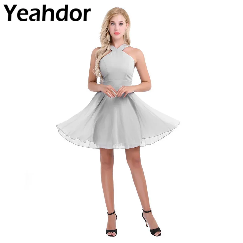 

Womens Ladies Chiffon Bridesmaid Dress Criss-cross Shoulder Straps Halter Neck Short Dress For Pageant Wedding Party De Festa