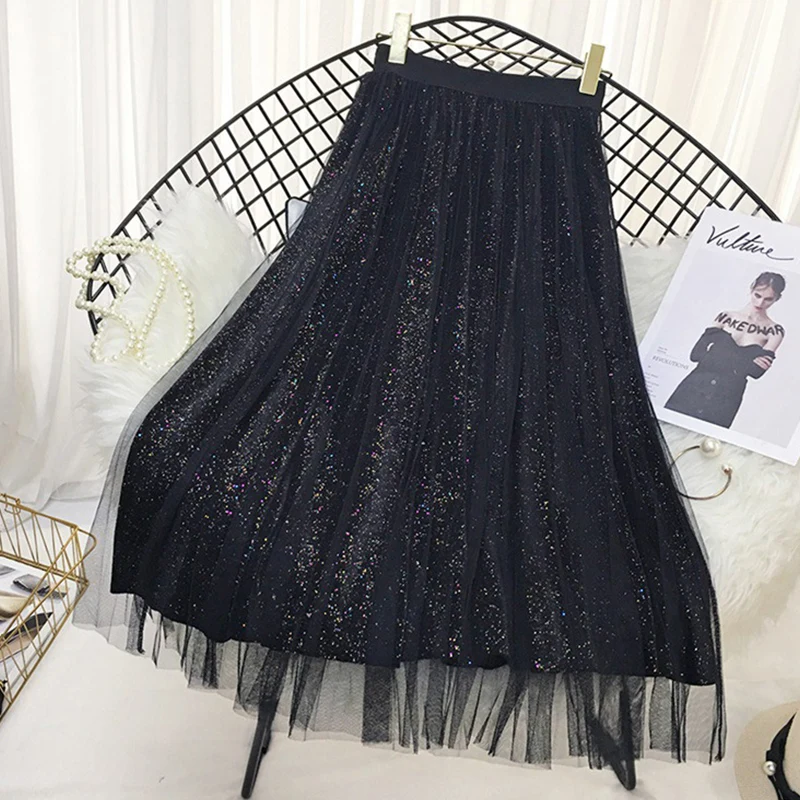 Sequin Velvet Tulle Skirts Women 2018 Autumn Winter Long Korean Elegant High Waist Pleated A-line Blue School Skirt Female | Женская