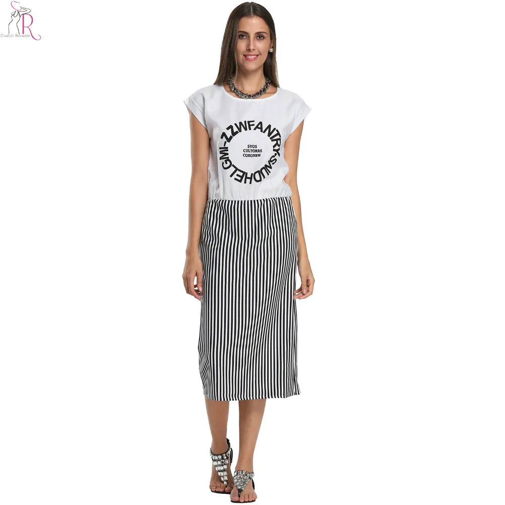 2015 Весенняя Летняя Мода Серое И Белое Полосатое Миди Платье С Рисунком Букв|blouse