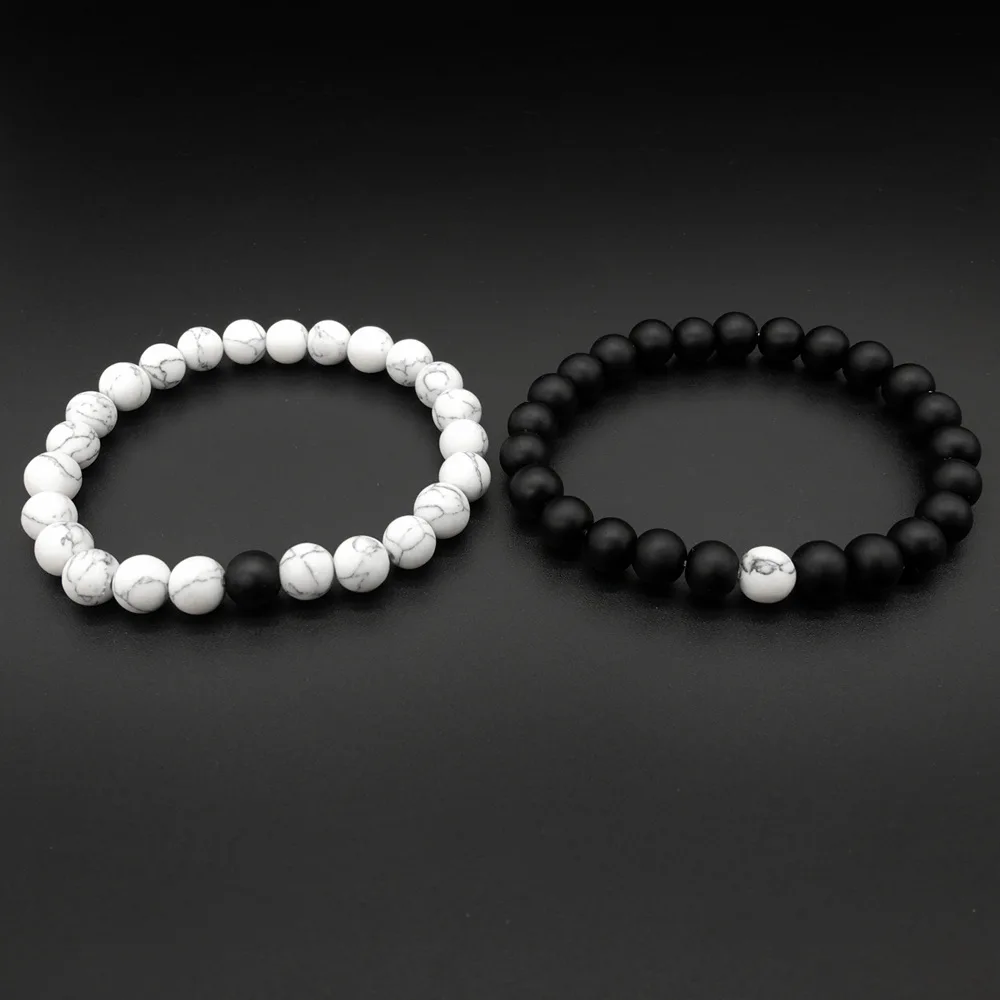Natural Stone Beads Bracelets White Pine Round Bead Yoga Elasticity Black Scrub Yin Yang for women &amp men jewelry | Украшения и