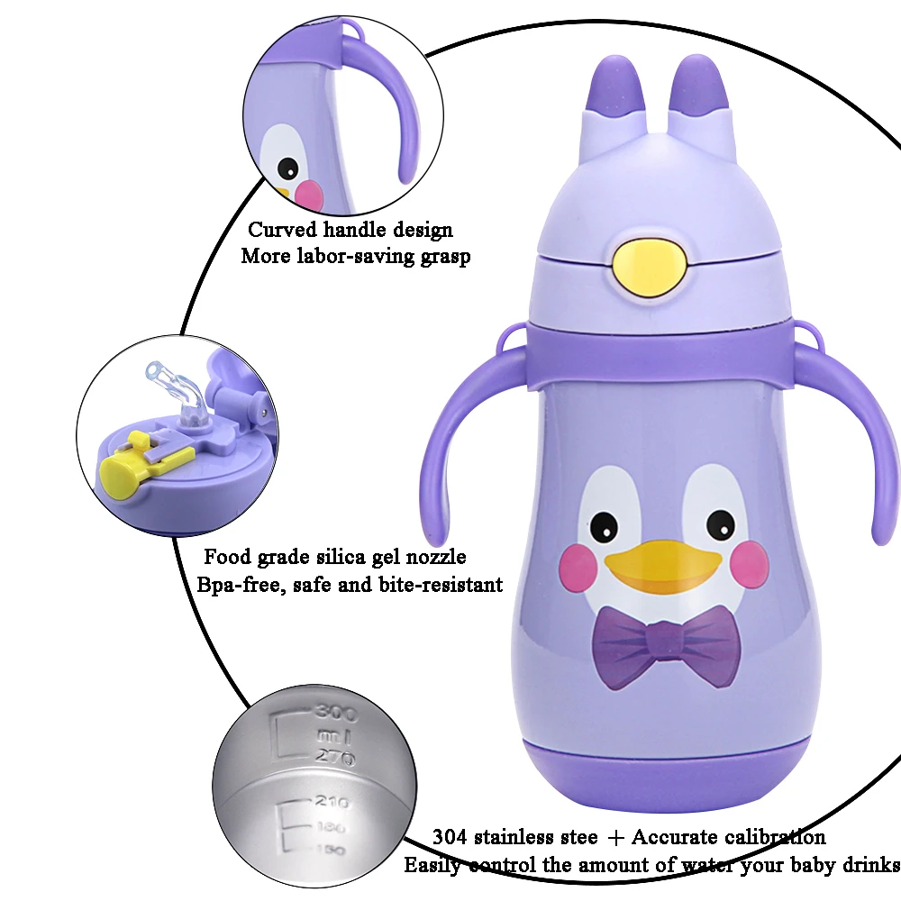 320ml children's vacuum cup with straw comfortable handle with straps 4 colors kid's water cup Stainless Steel Thermos Mug