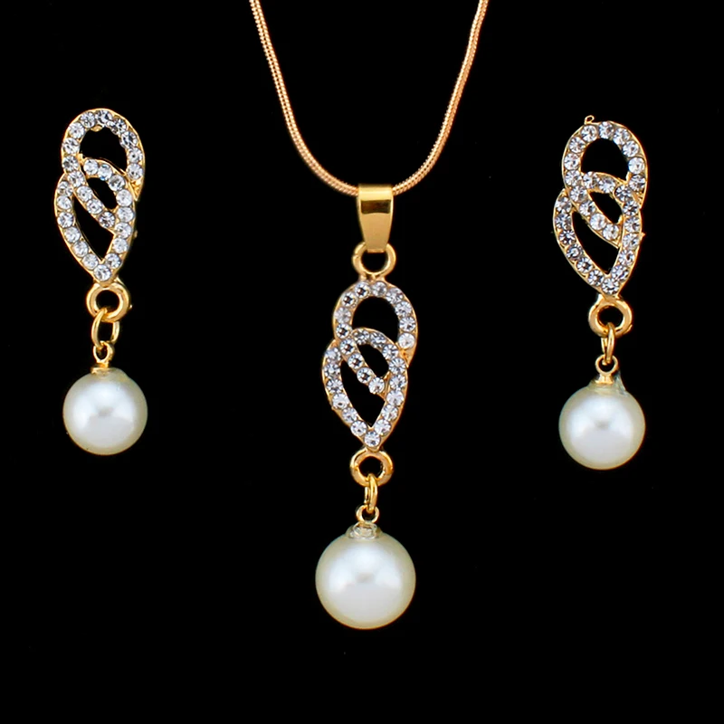 Fashion Crystal Simulated Pearl Heart Jewelry Set For Women Wedding Necklace Earrings Bridal Sets Charm Gifts | Украшения и