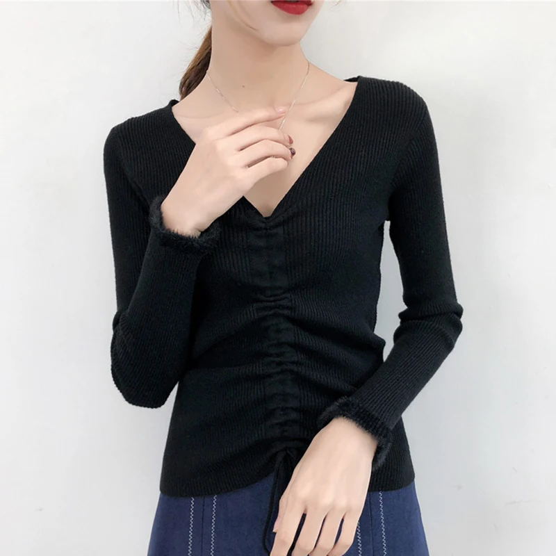 2018 Fall Fashion Sweater Women Korean Solid V-Neck Drawstring Knitted Casual Long Sleeve Pullover Tops Womens Clothes | Женская одежда