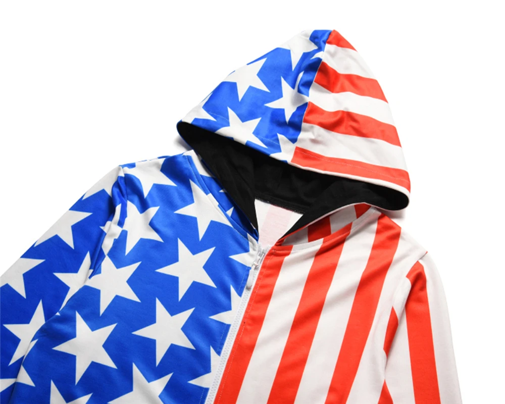 

Large size autumn and winter new stars and stripes flag printed jumpsuit loose fashion home long-sleeved hooded cosplay costume