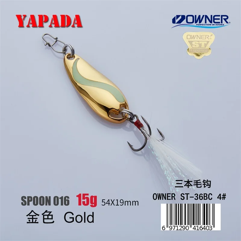 Gold 15g Feather YAPADA ложка 016 TaiChi светящаяся 10 г/15 г владелец тройной крючок 49-54 мм многоцветный металлический цинковый сплав ложка рыболовные приманки - Цвет: Gold 15g Feather
