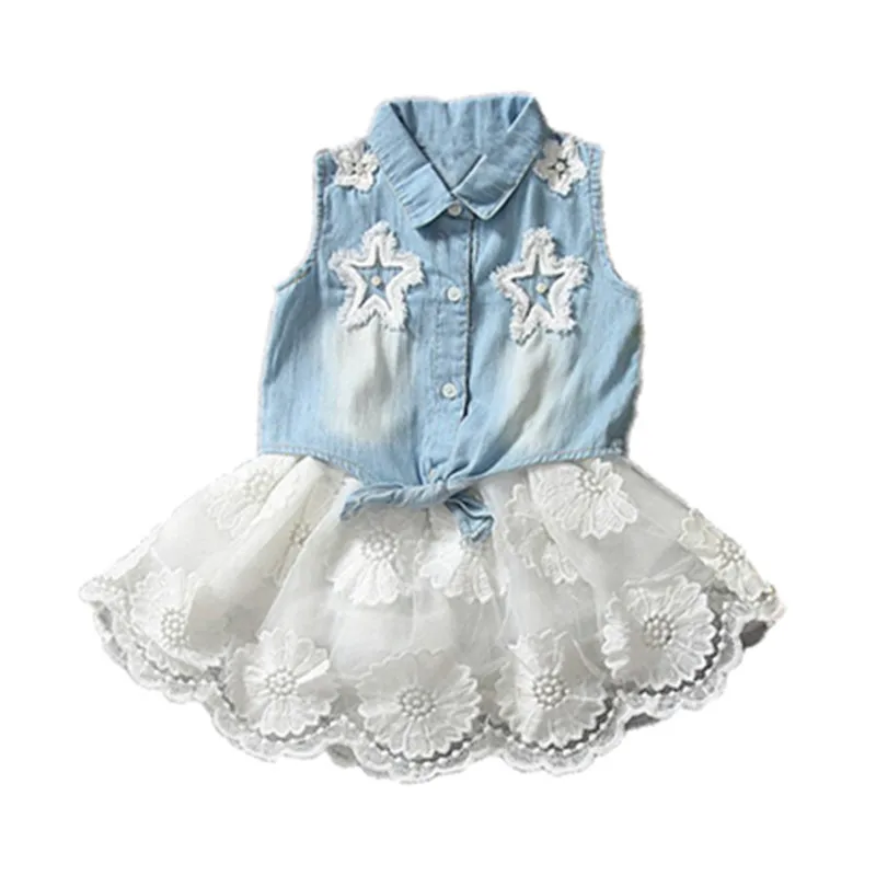 2018 New 2pcs Set Girls Clothes Suits Lace Cowboy Suit Jacket + Skirt Pentacle Star Fashion Denim Kids Princess Party | Детская одежда