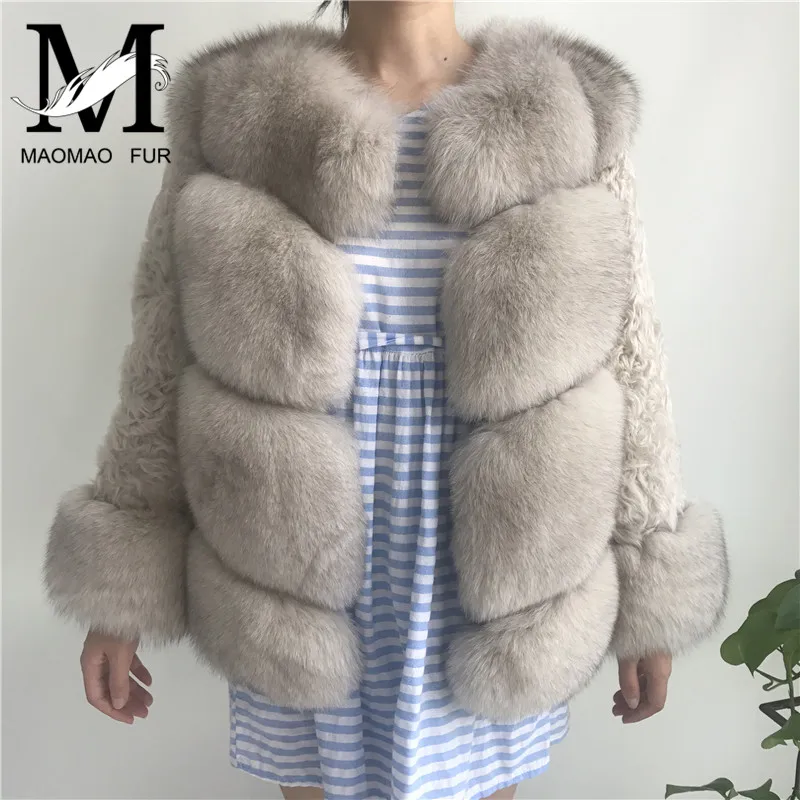 Натуральный мех пальто зимняя куртка ягненка Меховая Последние Роскошный Fox
