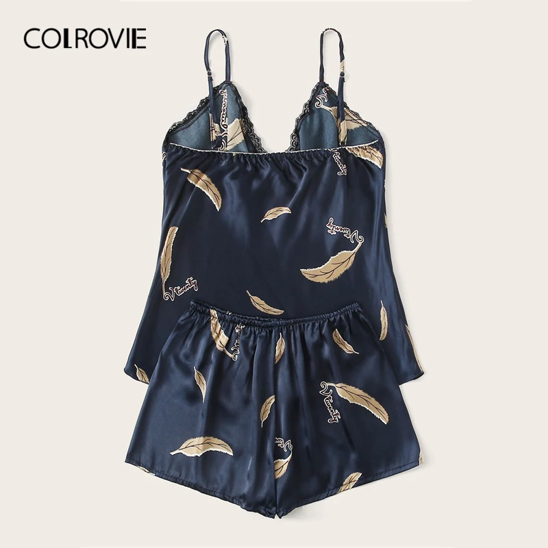 COLROVIE перо печати атласный Cami пижамный комплект для женщин повседневные короткие наборы летнее нижнее белье Ночная рубашка Дамская пижама