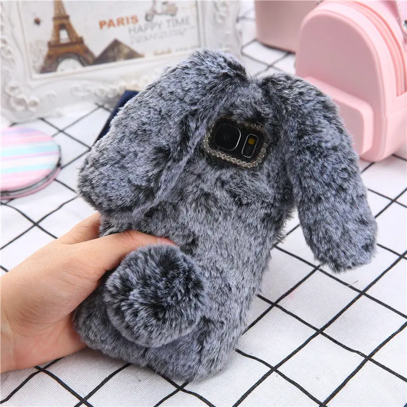 Light Gray Plush Для samsung S7 S8 S9Plus защитный чехол s теплый плюшевый чехол для телефона Ювелирное Украшение Coque Capa уши кролика хвост тушки для samsung S6Edge - Цвет: Light Gray Plush