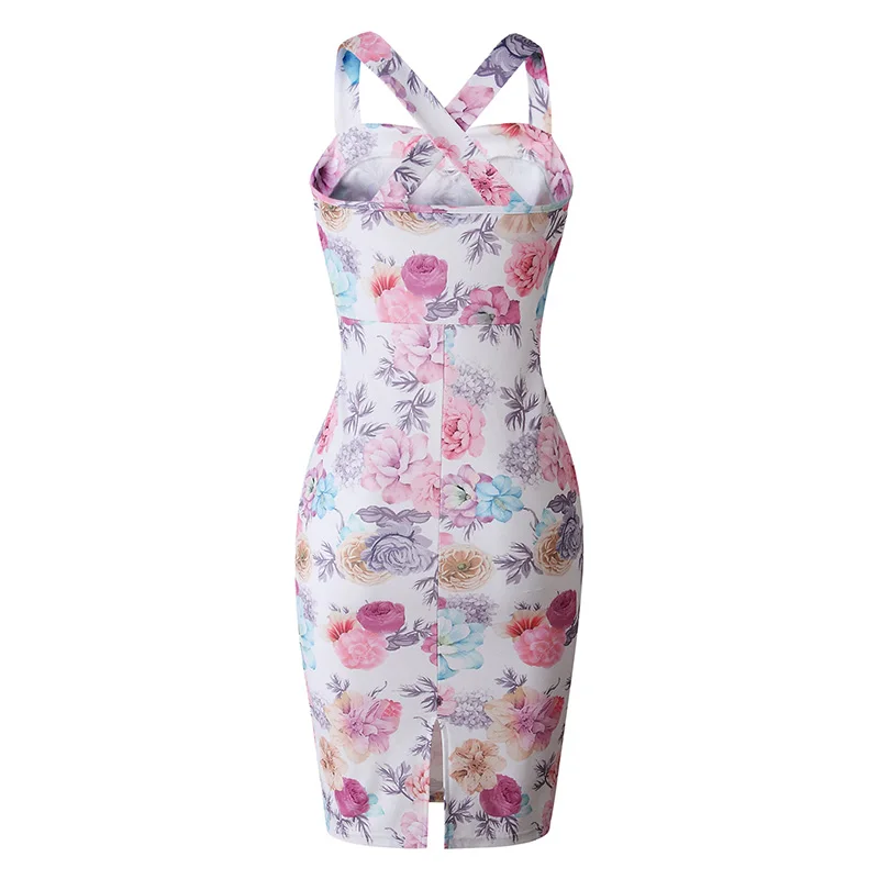 

Women Dresses Summer 2019 Bodycon Dress Vintage Print Flower Sleeveless Sheath Vestidos SJ2613R
