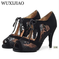 wuxijiao lace latin dance shoes red and black for woman ballroom dancing shoes salsa performance dance shoes heel 8 510cm