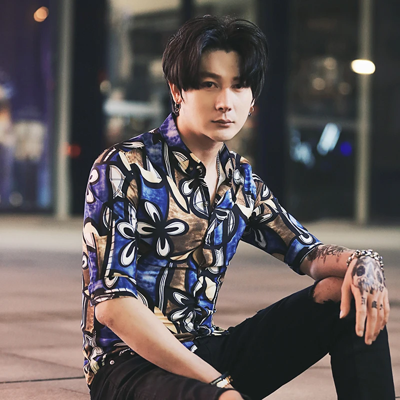 Мужская Облегающая рубашка в Корейском стиле с цветочным принтом и
