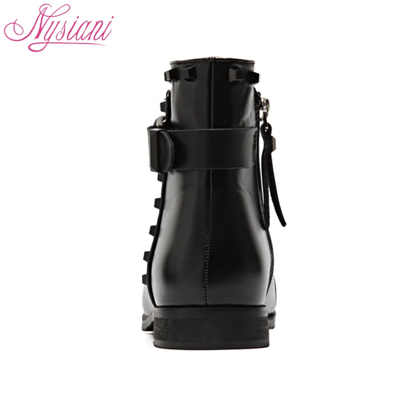 2019 Pointed Toe Rivets Winter Warm Short Boots For Women Brand Designer Buckle Fashion Motorcycle Ankle Heels Nysiani | Обувь