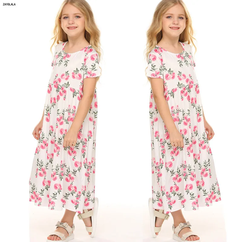 Girl Floral Dress Summer Casual Short Sleeve Princess Printed long Beach Vestidos Children Clothes 3 4 5 6 7 8 Years | Детская одежда и