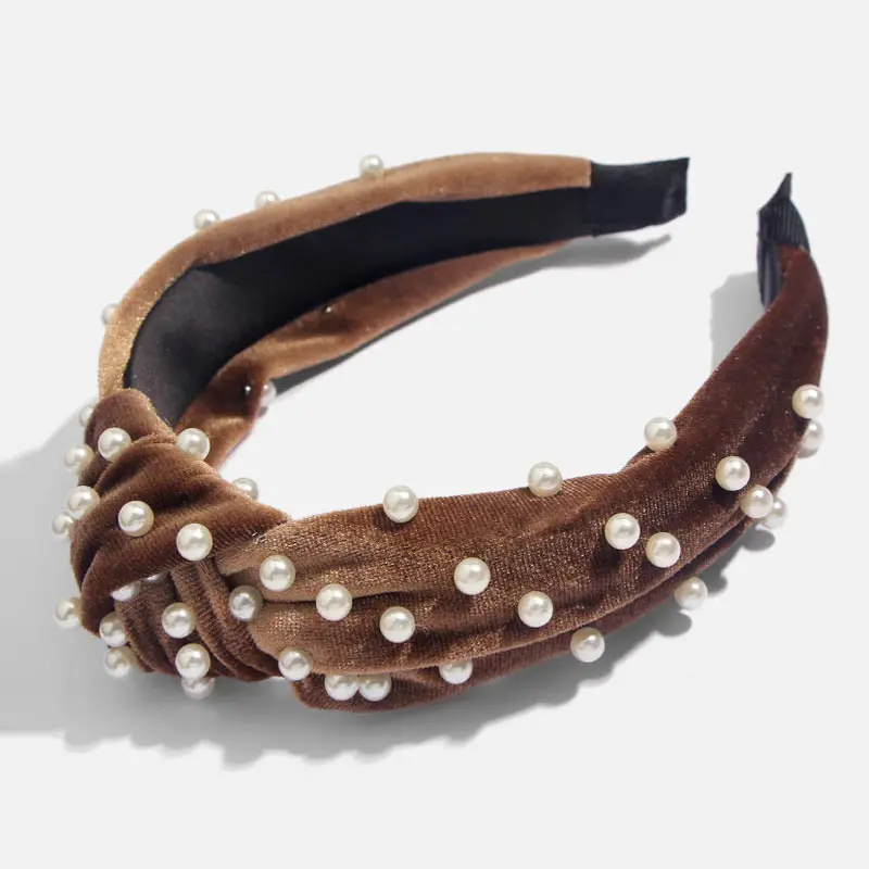 Bohemian Solid Color Soft Velvet Center Knot Wide Pearl Hairband Ladies multiple color Knotted Hairband Hair Accessories - Metal color: H0064BN