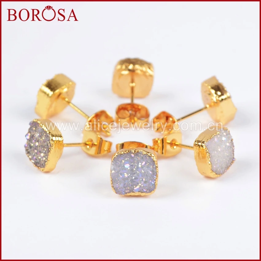 Серьги-гвоздики BOROSA с натуральными кристаллами, золотистые квадратные серьги в форме геода, модные серьги для женщин G0678