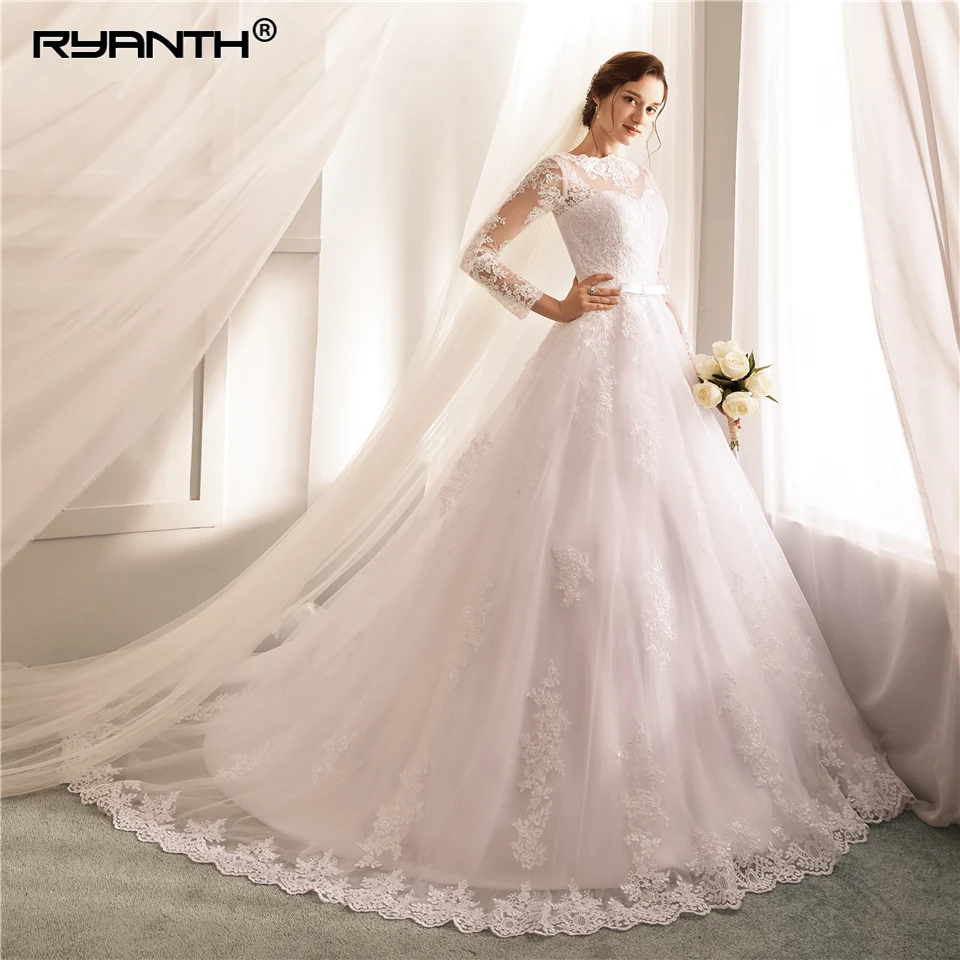 Cheap Vestido De Noiva 2019 Custom Made Lace Up Back Ball Gown Wedding Dress Long Sleeves Princess Robe de mariage | Свадьбы и