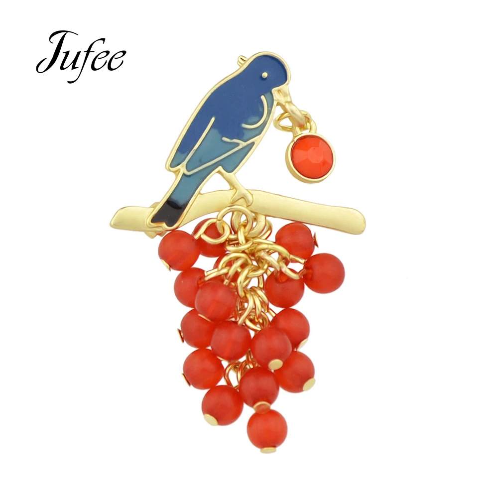 Jufee красные бусы винограда брошь золото Цвет Филиал синий эмаль птица модные