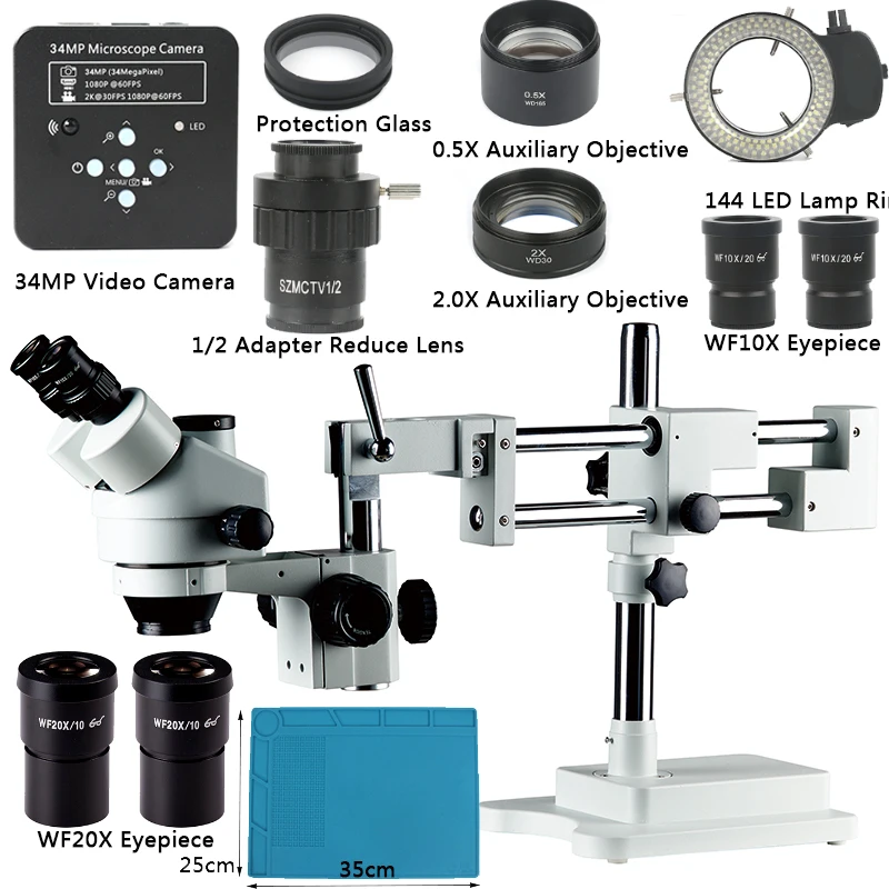 

3.5X 7X 45X 90X Double Boom Stand Zoom Simul Focal Trinocular Stereo Microscope+34MP Camera Microscope For Industrial PCB Repair