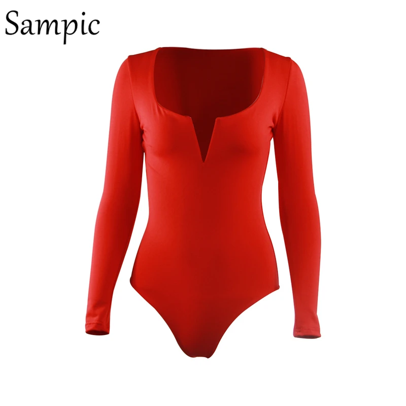 

Sampic sexy woman casual v neck long sleeve bodysuit high street skinny black bodysuit autumn summer 2019