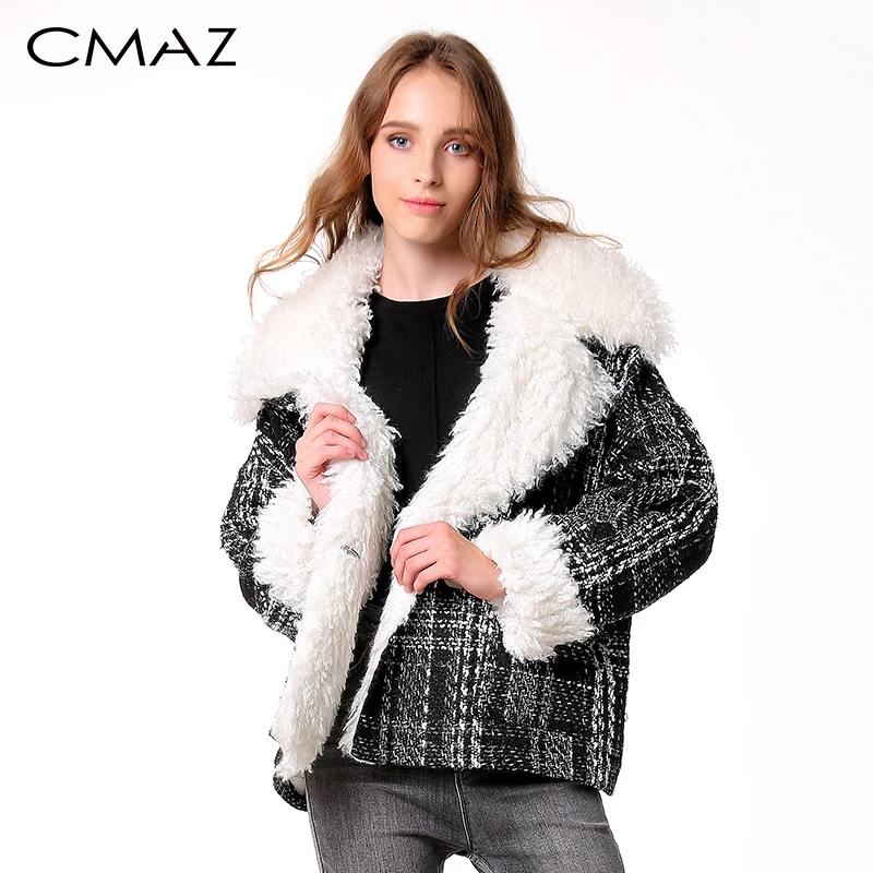 CMAZ 2019 Зимние Короткие Шерстяные Пальто Женщин Плед Свободные С Длинным рукавом