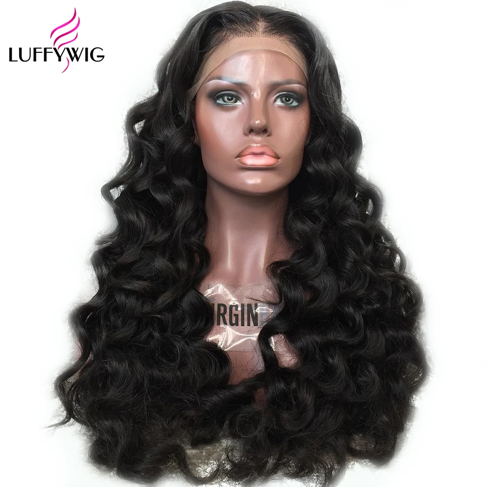 LUFFYHAIR перуанские прямые волосы волнистые синтетические волосы на кружеве парик 130% густые натуральные волосы 13x6 глубокий пробор парик натуральный черный волосы младенца