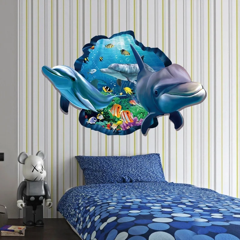 3d Effect Underwater World Dolphin Fish Background Wall Stickers Living Room Bedroom Sofa Decoration|Наклейки на стену| |