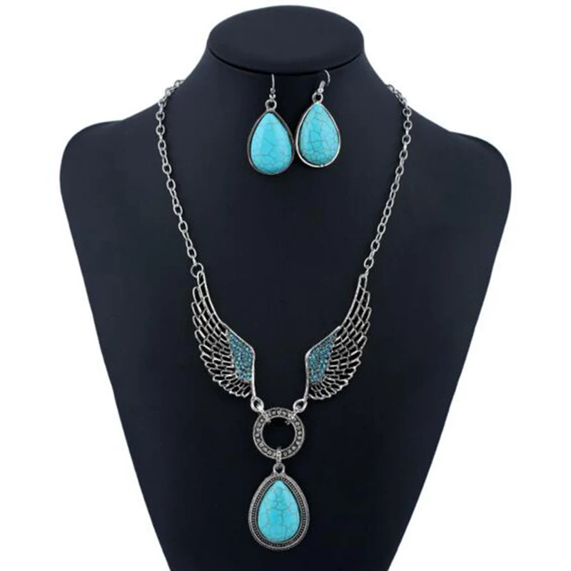 Мода Все Матч Полый Горный Хрусталь Крылья Кулон &quotБирюзовый Ожерелье Серьги
