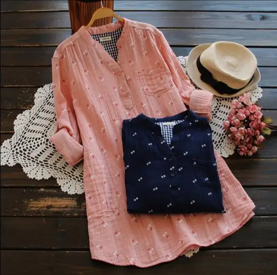 Женская рубашка с длинным рукавом из хлопка и льна|mori girl|autumn womencotton linen |