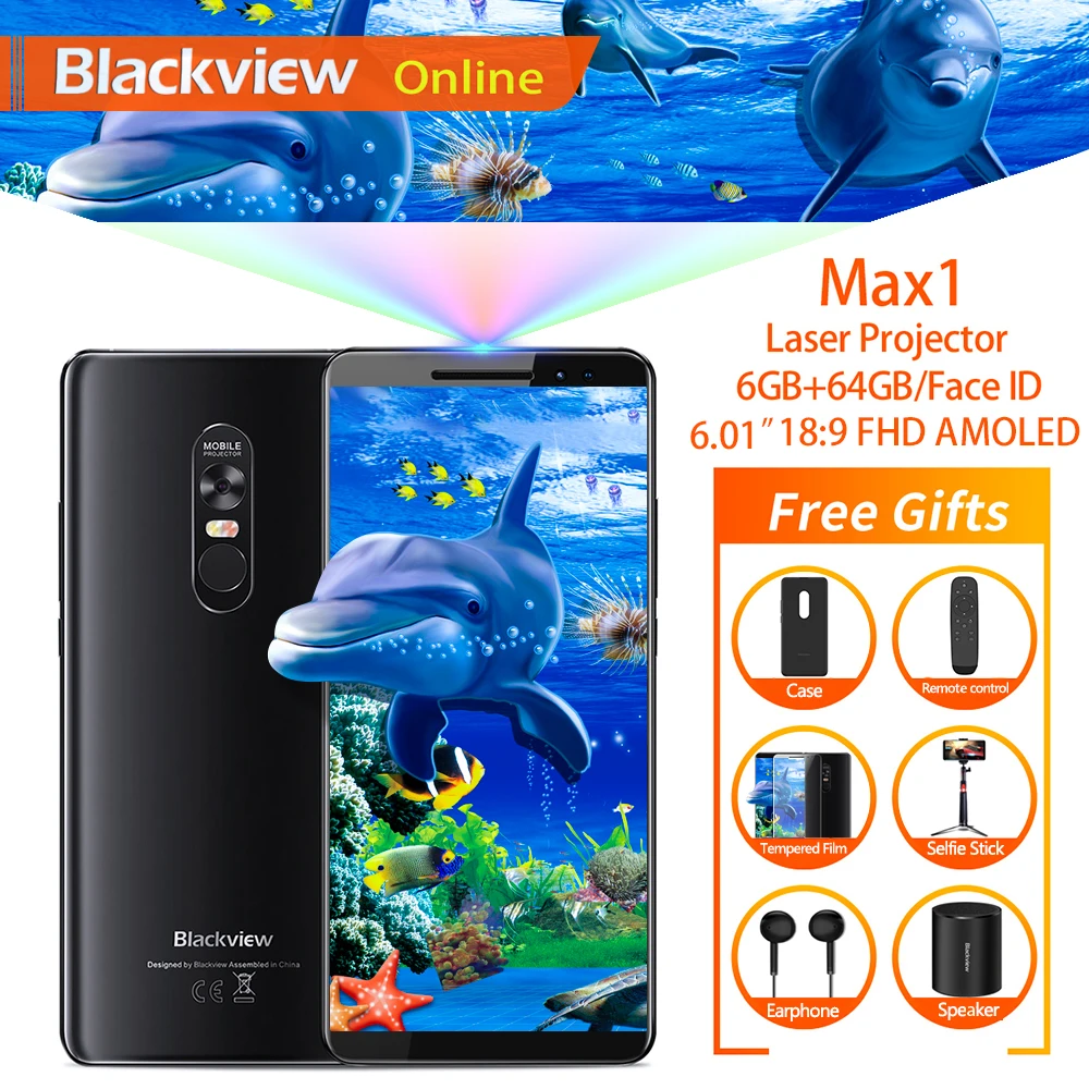 Blackview MAX 1 6,0" проектор мобильный телефон 6 ГБ+ 64 ГБ FHD AMOLED Android 8,1 портативный домашний кинотеатр кинопроектор 4G смартфон