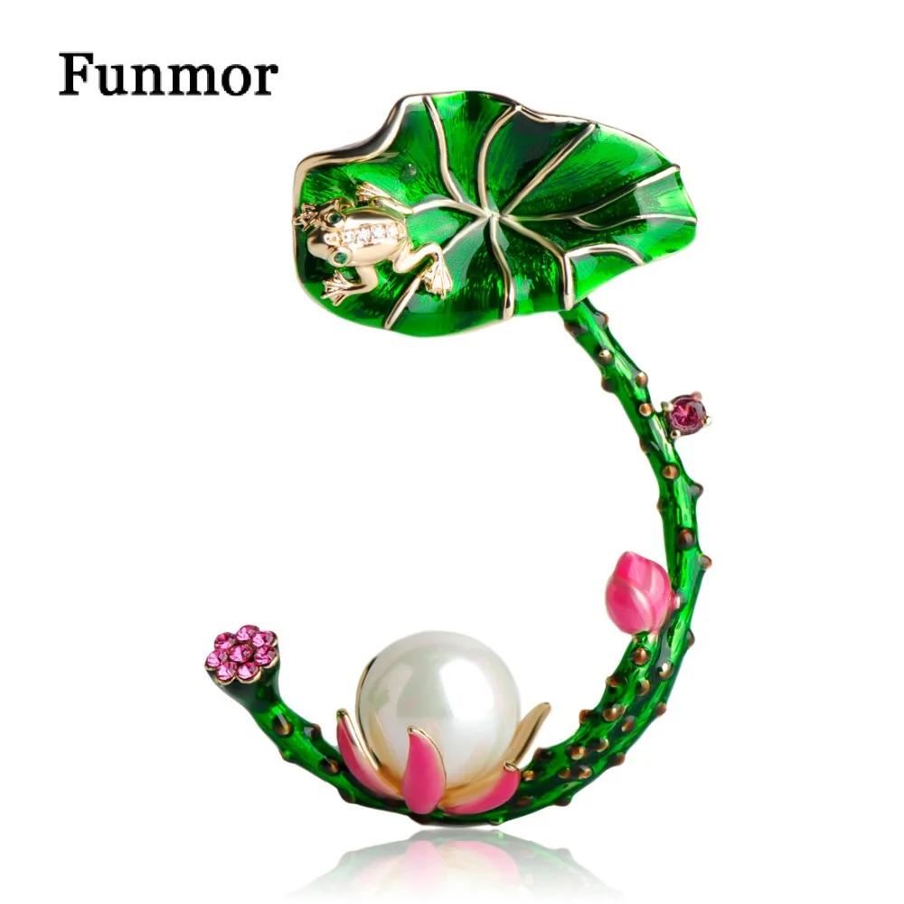Броши Funmor в форме лягушки с зелеными листьями лотоса яркие эмалированные