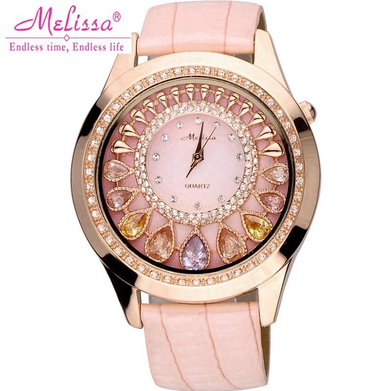 Luxury Women Crystal Bling Rhinestone Watches Woman Quartz Water Resistant Watch Genuine Leather Strap Pink Band Lady Clock Teen