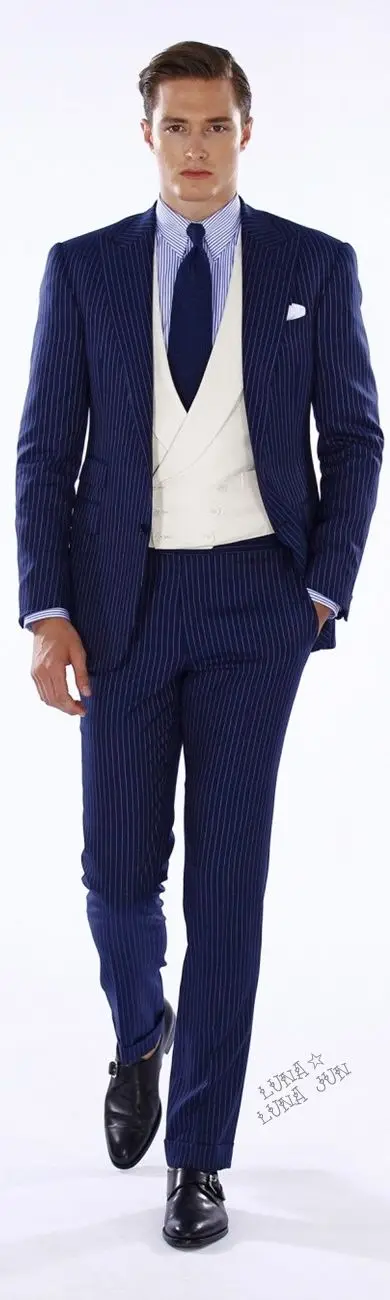 

Latest Coat Pant Designs Navy Blue Vertical Stripes Men Prom Suit Double Breasted Slim Fit 3 Piece Tuxedo Custom Blazer Terno C5