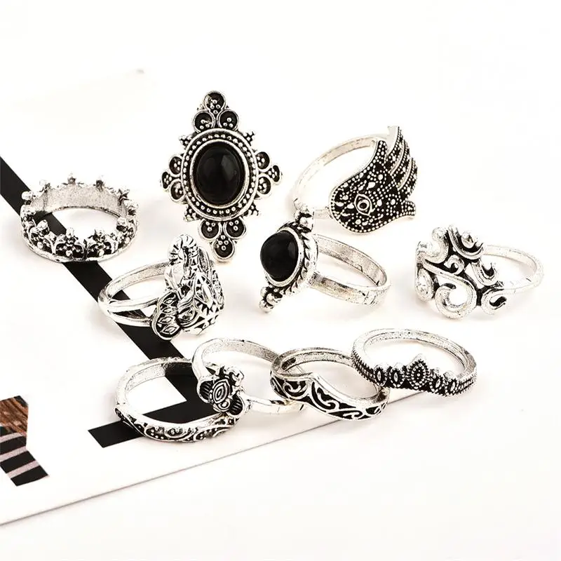 10 Pcs/Set Bohemian Engraving Fatima Palm Elephant OM Crown Flower Gem Ring Set Women Personality Birthday Jewelry | Украшения и