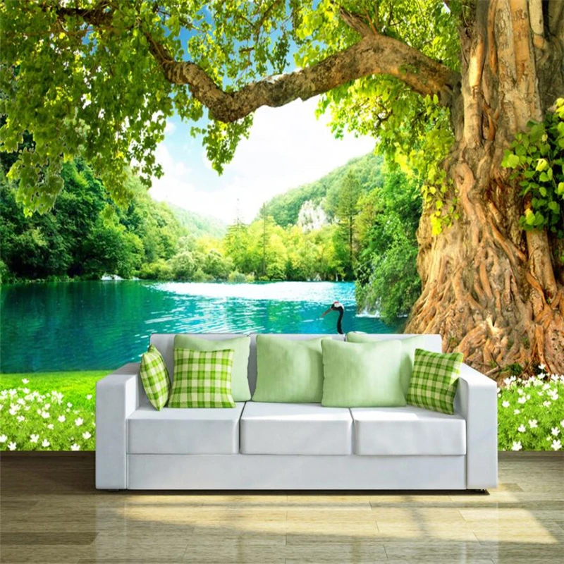 

wellyu Fresh and old tree crane lake 3D TV background wall custom large mural green silk cloth wallpaper papel de parede