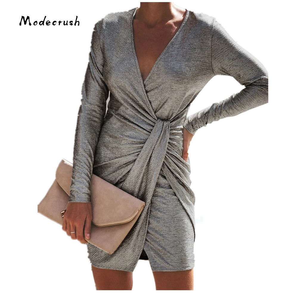 Modecrush Womens Sexy Deep V Neck Club Dress New Year Long Sleeve Ruched Ladies Knitted Bodycon | Женская одежда
