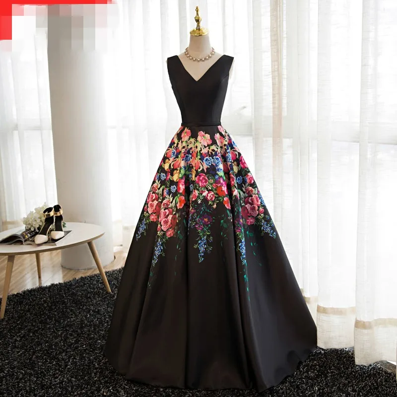 Floral Long Evening Dresses Party A Line V Neck Beautiful Women Prom Formal Gowns Wear 2018 vestido de formatura |