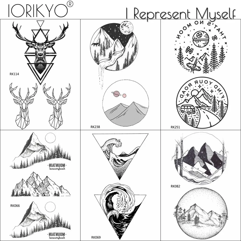 Черная переводная татуировка с треугольными волнами и пиком временная имитация